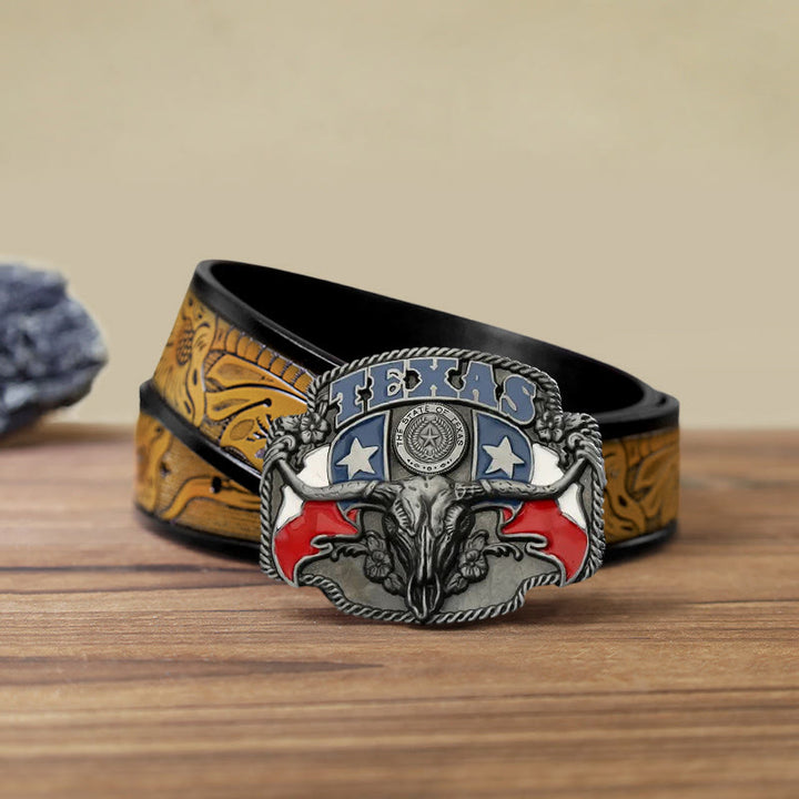 Cintura in pelle fai da te con fibbia a forma di toro Longhorn con bandiera del Texas da uomo