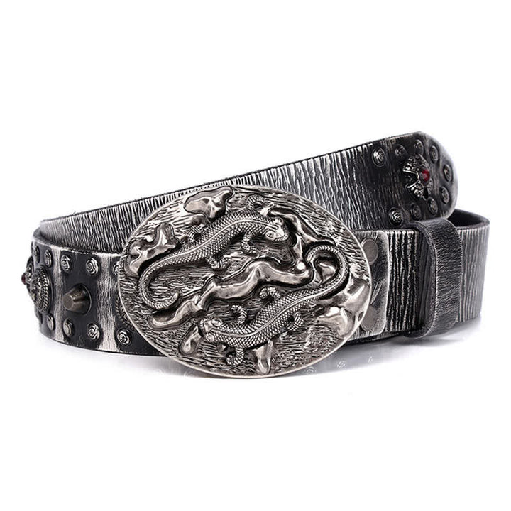 Cintura in pelle con ornamento leone rubino borchiato da uomo