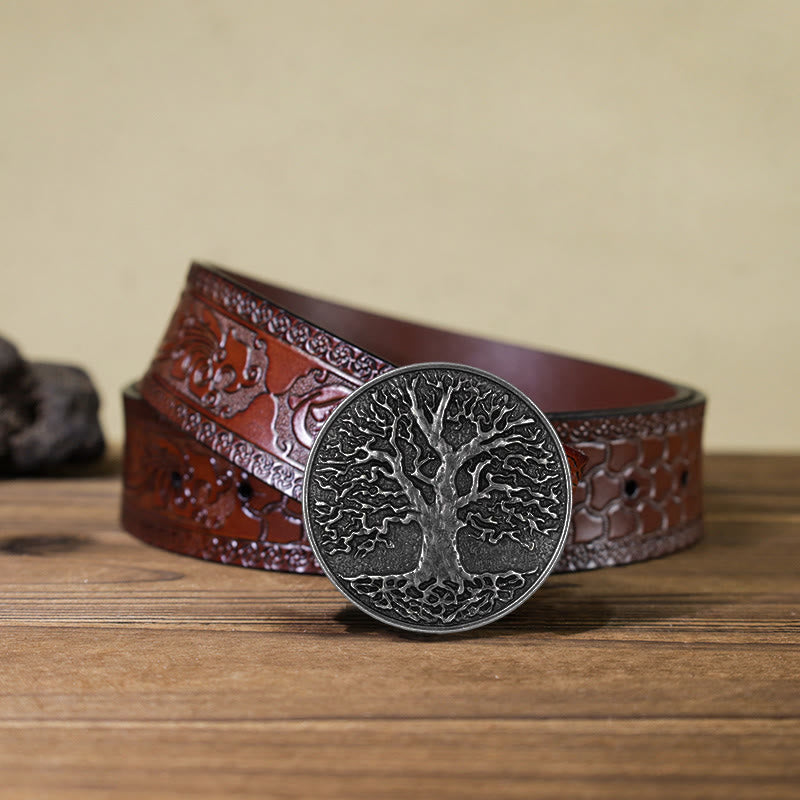 Cintura in pelle con fibbia rotonda fai da te con albero della vita da uomo - Argento - Cintura marrone intagliata (40) - image 18
