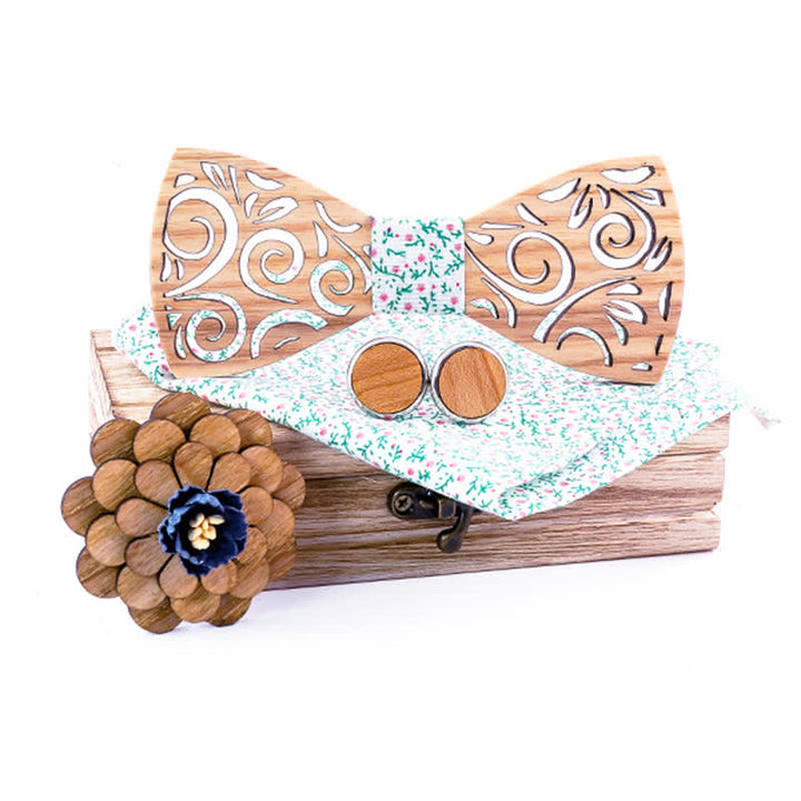 Set di 4 papillon in legno con motivo a foglia cava da uomo - Bianco e verde floreale - image 12