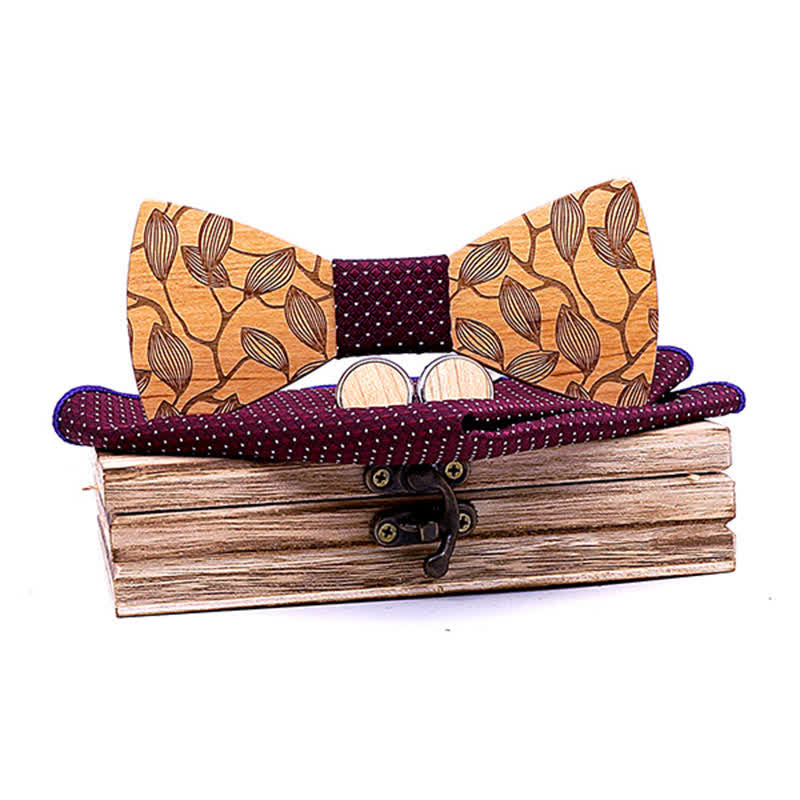 Set di 3 papillon in legno con motivo a foglia da uomo
