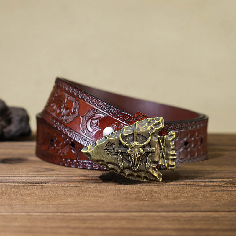 Cintura in pelle con fibbia a forma di toro a forma di punta di freccia fai da te da uomo