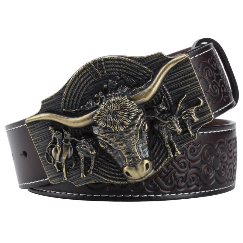 Cintura in pelle goffrata Longhorn Bull da uomo - Caffè / Bronzo - 46 - image 11