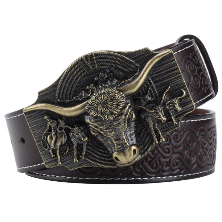 Cintura in pelle goffrata Longhorn Bull da uomo - Caffè / Bronzo - 46 - image 11