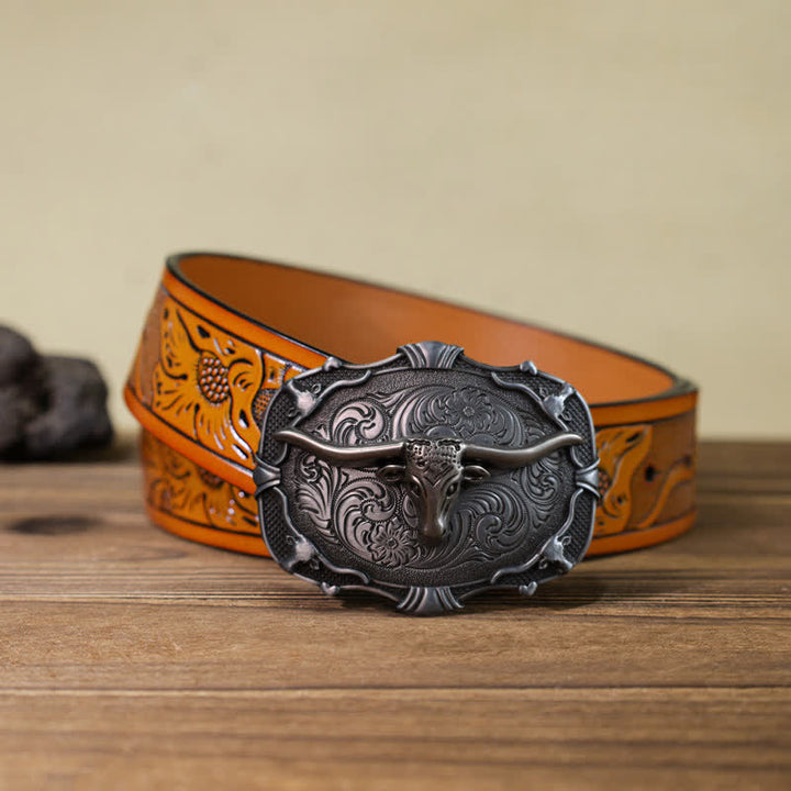 Cintura in pelle con fibbia quadrata a forma di toro Longhorn in argento fai da te da uomo
