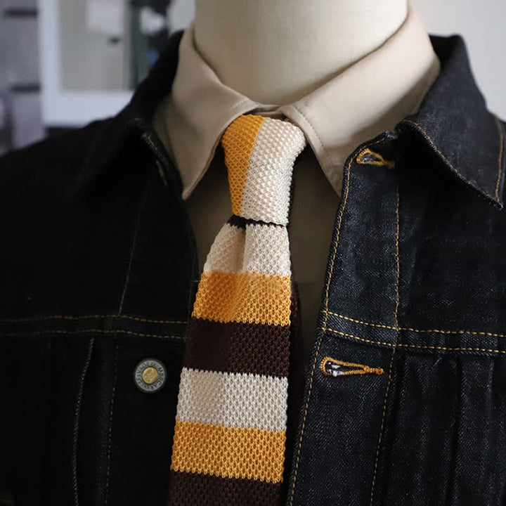 Cravatta a righe orizzontali autunnali da uomo lavorata a maglia - Giallo e bianco - image 10