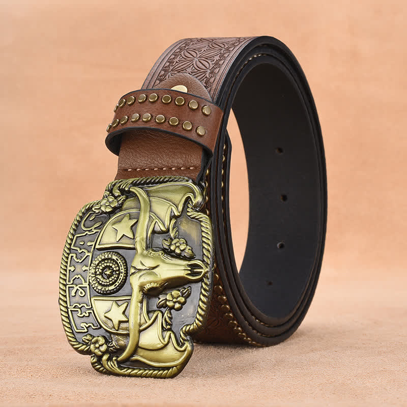 Cintura da uomo in pelle con rivetti Longhorn Steer Antique