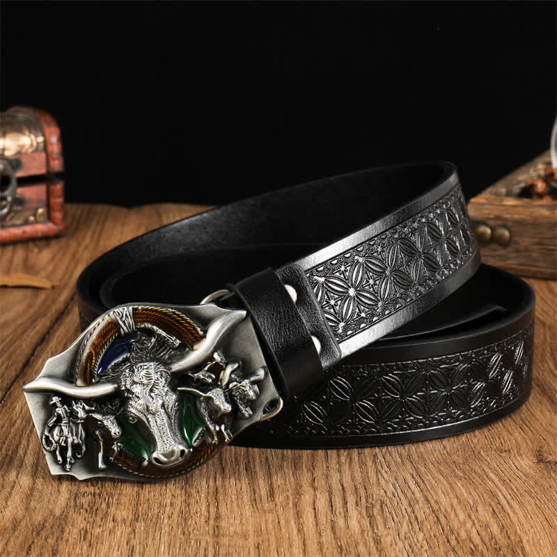 Cintura in pelle con testa di toro dominante da uomo