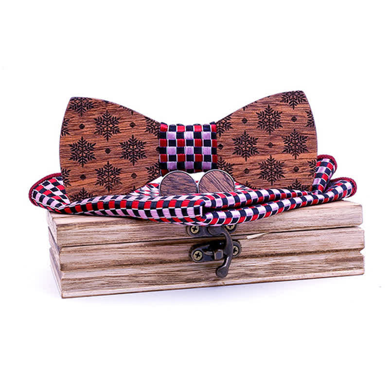 Set di 3 cravatte a farfalla in legno natalizie con motivo a fiocchi di neve da uomo - Rosso - image 0