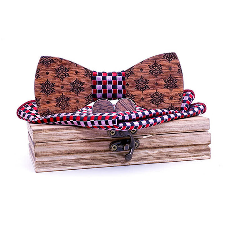 Set di 3 cravatte a farfalla in legno natalizie con motivo a fiocchi di neve da uomo - Rosso - image 0