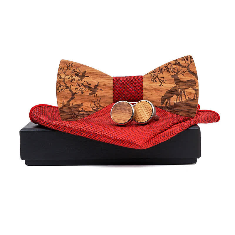 Set di 3 papillon in legno con motivo a alce natalizio da uomo - Rosso - image 0