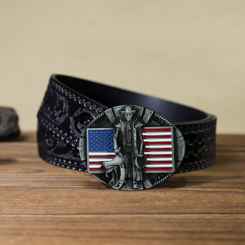 Cintura in pelle con fibbia da cowboy con bandiera americana fai da te da uomo - Cowboy - Cintura nera intagliata (40) - image 11