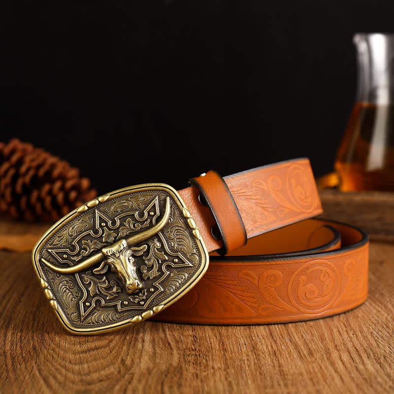 Cintura da uomo in pelle stampata con testa di mucca in stile western