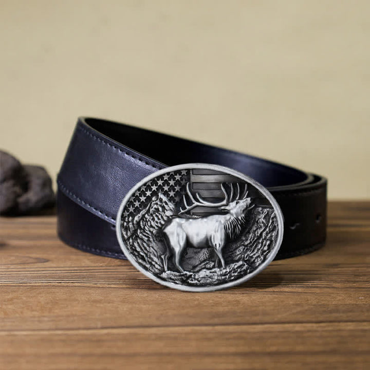 Cintura in pelle fai da te con fibbia della bandiera americana a forma di cervo e alce da uomo - Argento antico - Cintura PU nera (40) - image 6