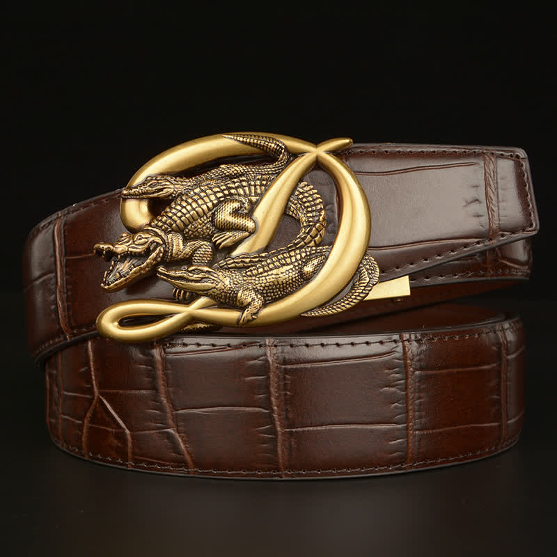 Cintura da uomo in pelle con fibbia in coccodrillo e motivo alligatore - Stile n. 1 - Oro e marrone - 46 - image 5