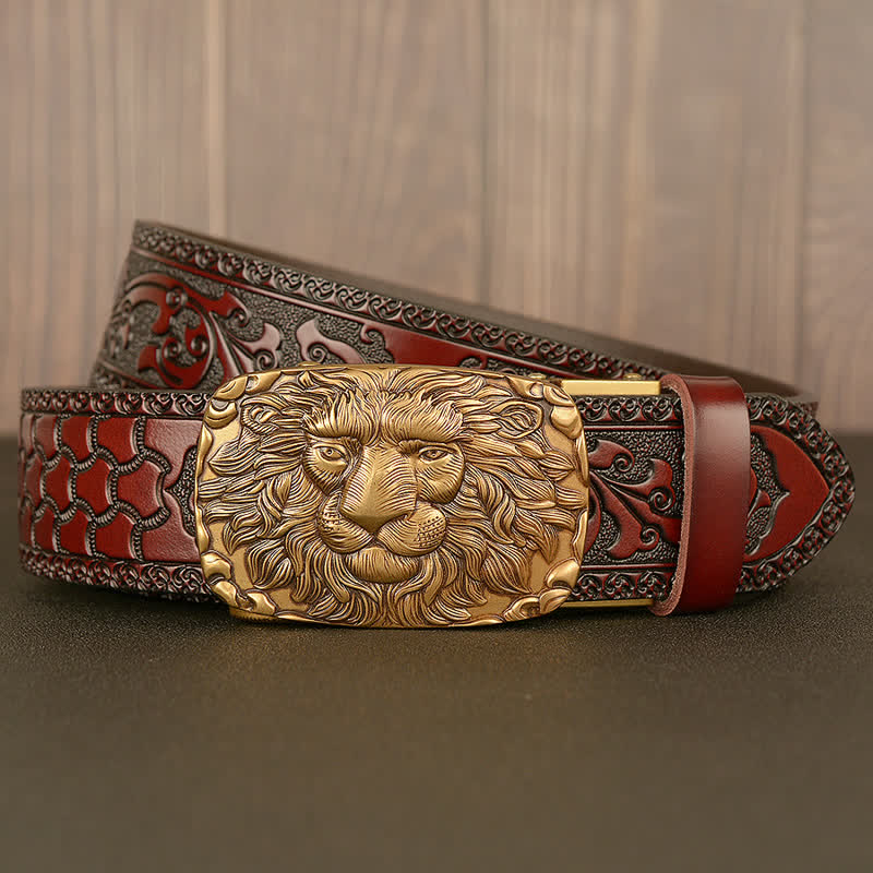 Cintura in pelle da uomo con testa di leone