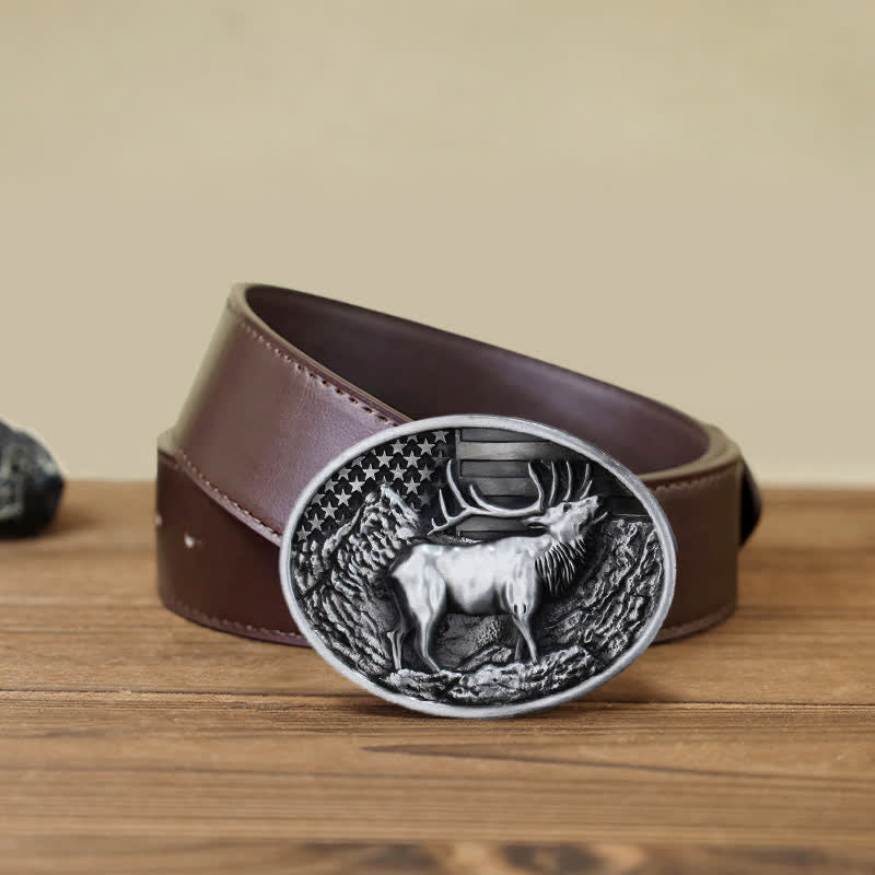 Cintura in pelle fai da te con fibbia della bandiera americana a forma di cervo e alce da uomo - Argento antico - Cintura PU marrone (40) - image 12