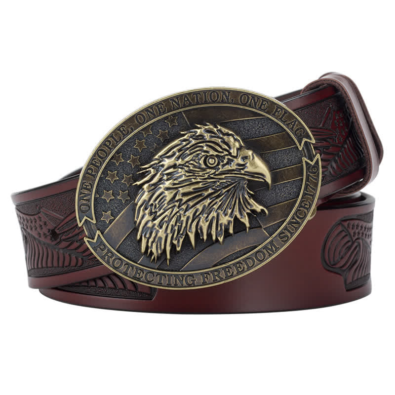 Cintura in pelle con fibbia della bandiera americana con testa d'aquila calva da uomo