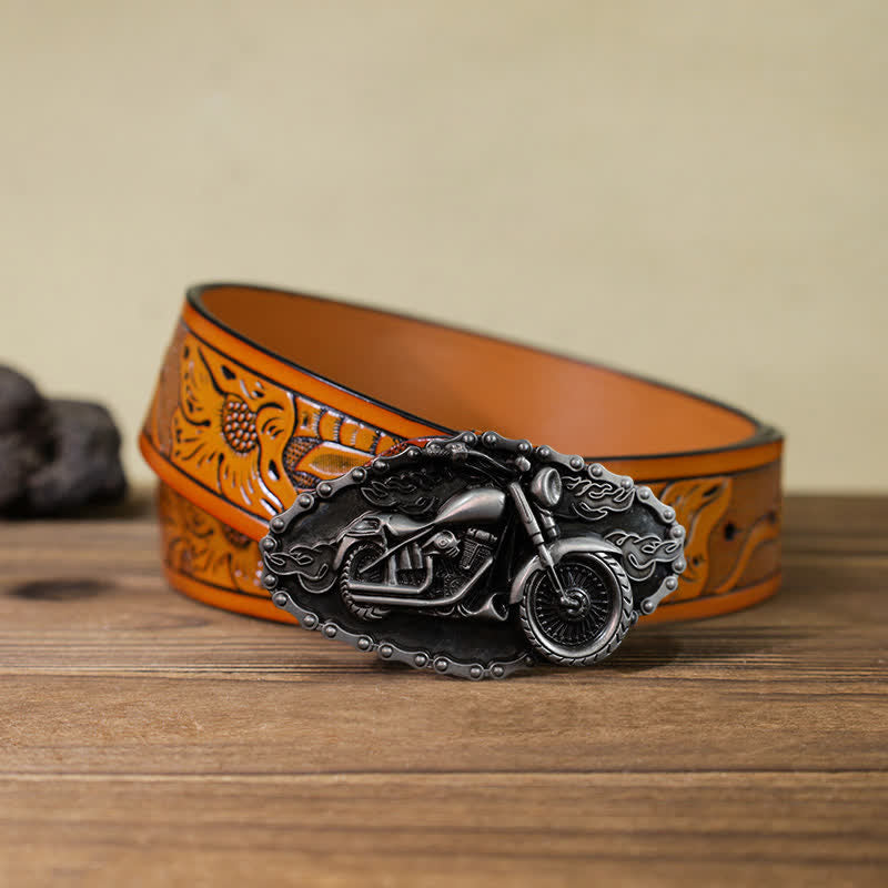 Cintura in pelle con fibbia da motocicletta a forma di locomotiva fai da te da uomo - Argento - Cintura intagliata arancione (40) - image 15