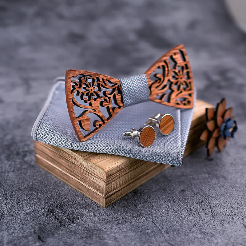 Set di 4 papillon in legno con motivo floreale cavo da uomo