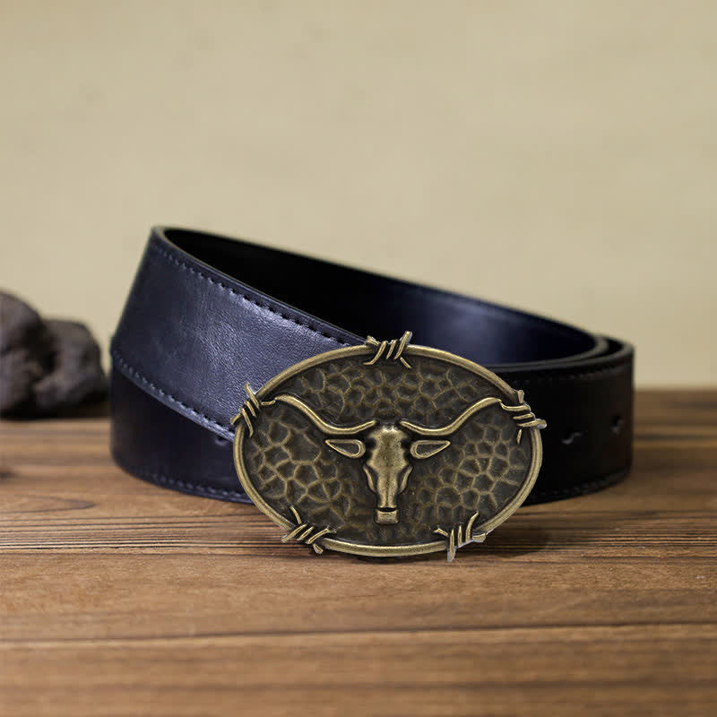 Cintura in pelle con fibbia martellata a forma di testa di toro da cowboy fai da te da uomo