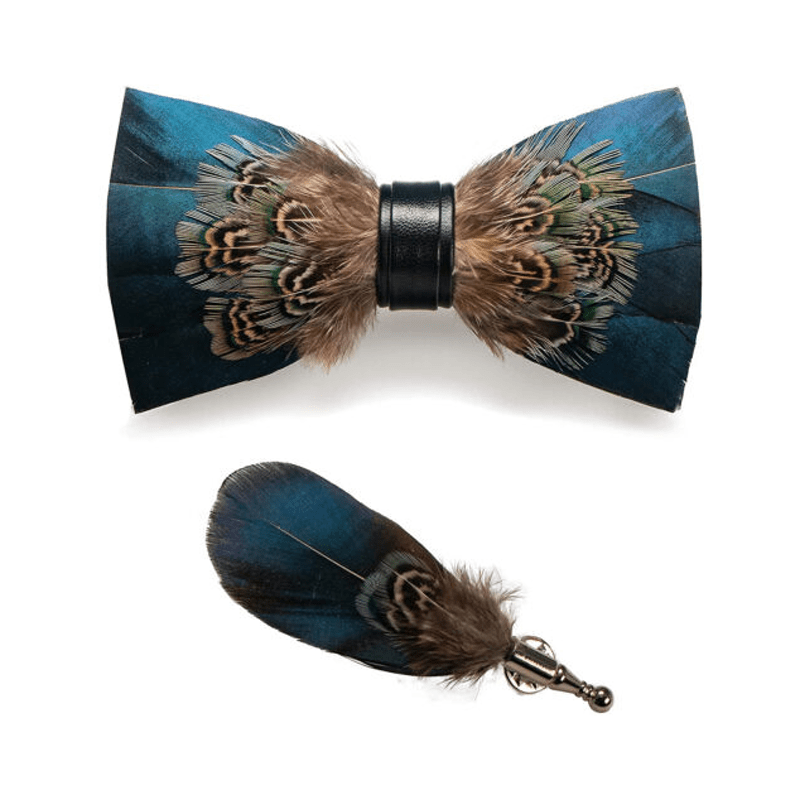 Papillon vintage con piume verde e marrone con spilla da bavero