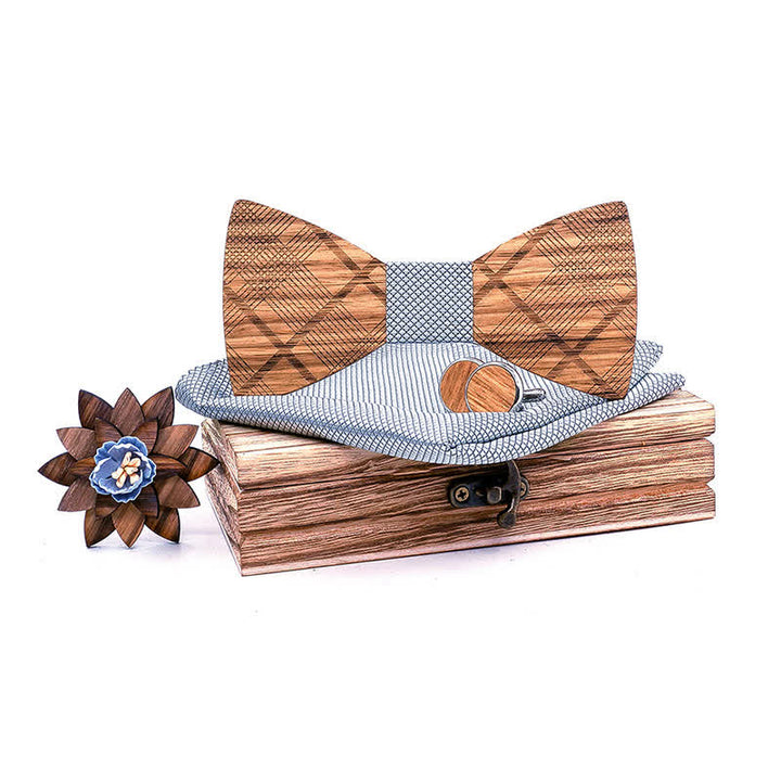 Set di 4 papillon in legno a quadri classici da uomo - Griglia grigia - image 8