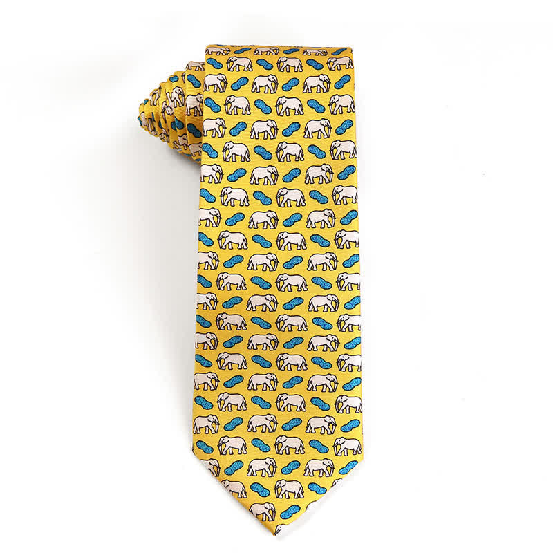 Cravatta da uomo in pura seta con motivi di animali danzanti - Elefante - Giallo - image 15