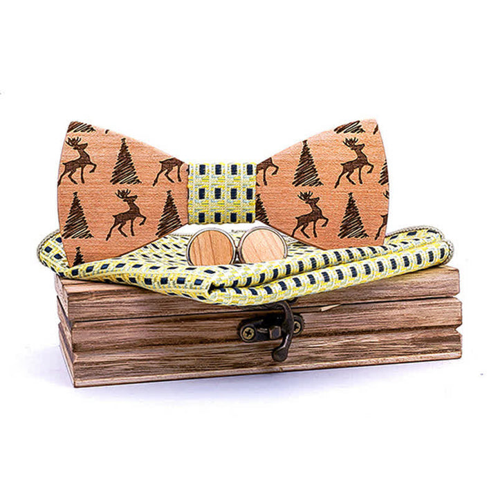 Set di 3 papillon in legno con motivo a cervo e albero di Natale da uomo