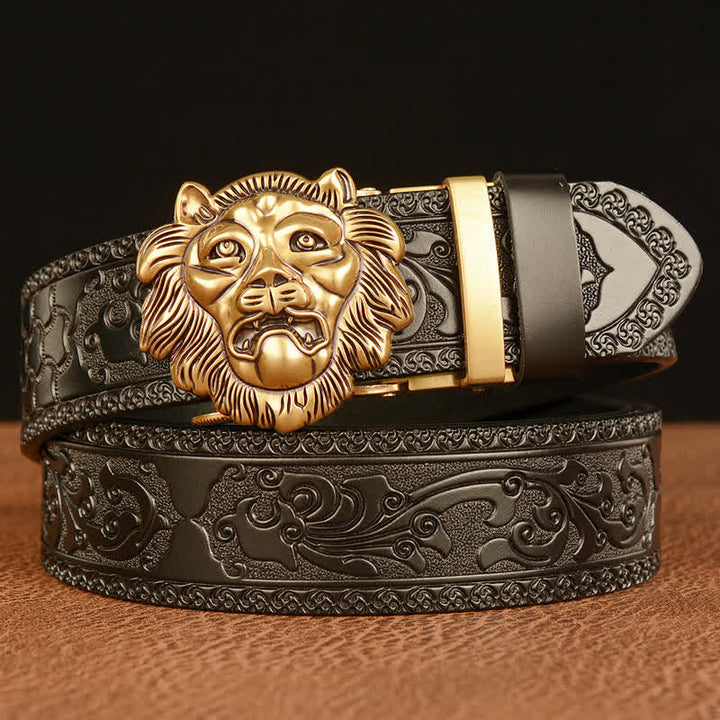 Cintura in pelle con testa di leone con scultura 3D da uomo