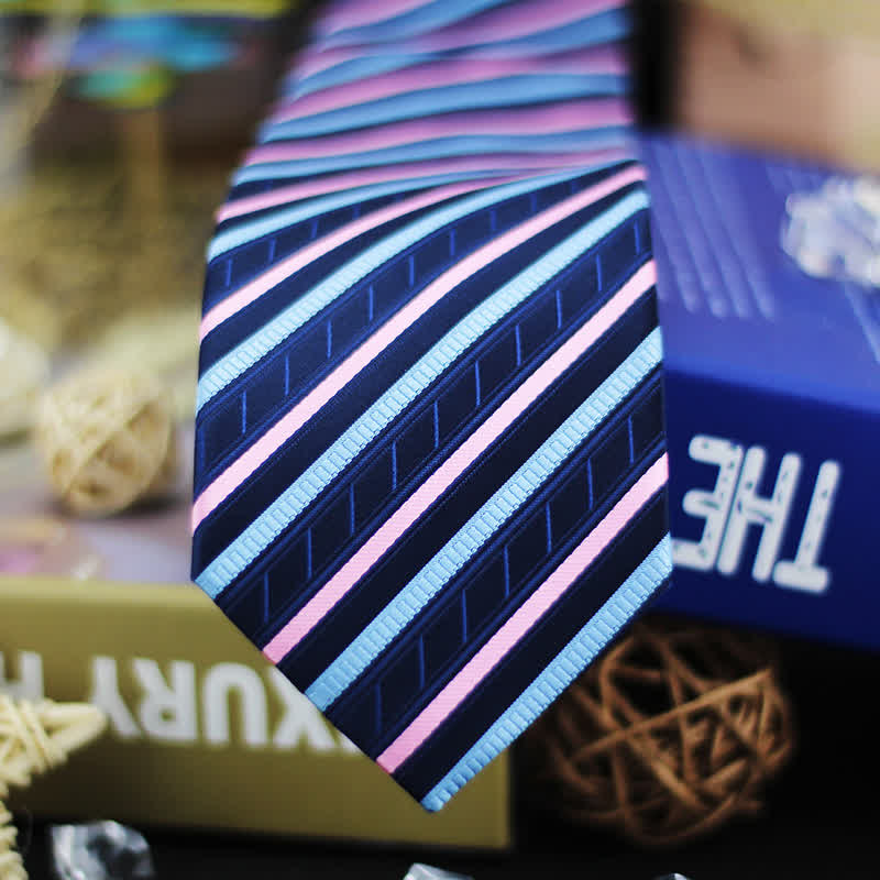 Cravatta classica da uomo a righe blu e rosa sfumate