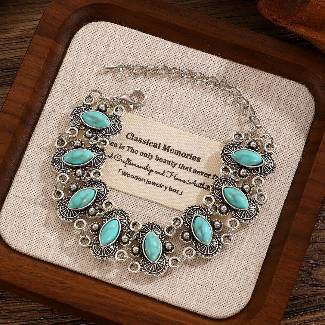 Bracciale vintage boho con turchese marquise e maglie intagliate in argento antico - Verde chiaro - image 7