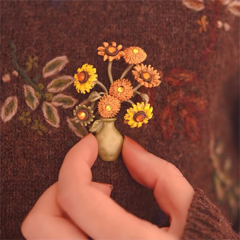 Spilla da donna a forma di vaso di girasole in smalto