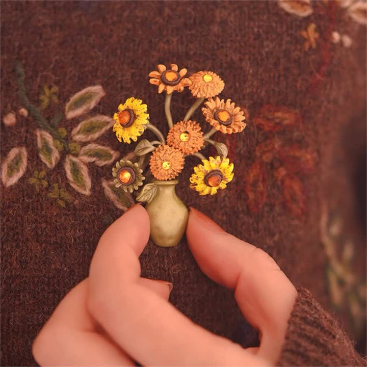 Spilla da donna a forma di vaso di girasole in smalto