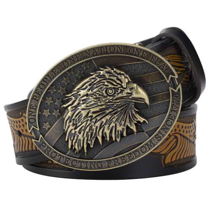 Cintura in pelle con fibbia della bandiera americana con testa d'aquila calva da uomo