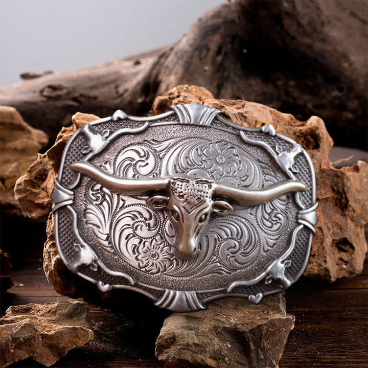 Cintura in pelle con fibbia quadrata a forma di toro Longhorn in argento fai da te da uomo