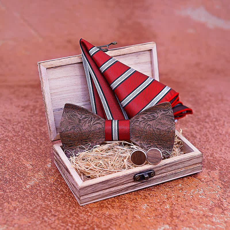 Set di 3 papillon in legno con motivo Paisley in noce nero da uomo