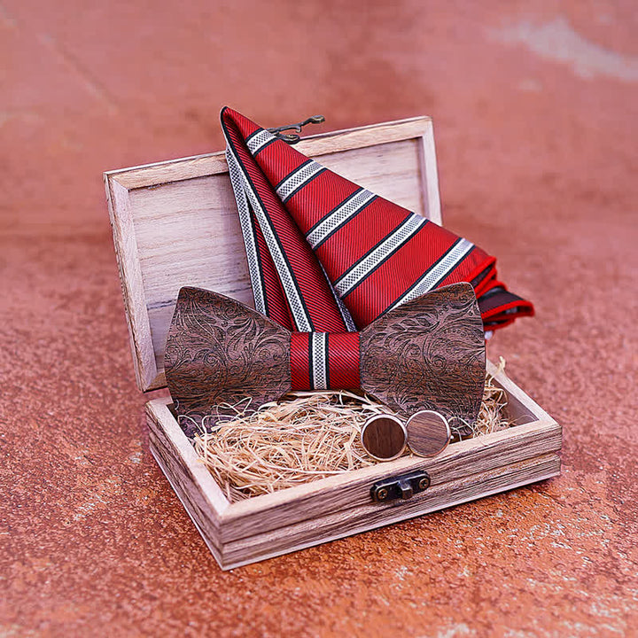 Set di 3 papillon in legno con motivo Paisley in noce nero da uomo