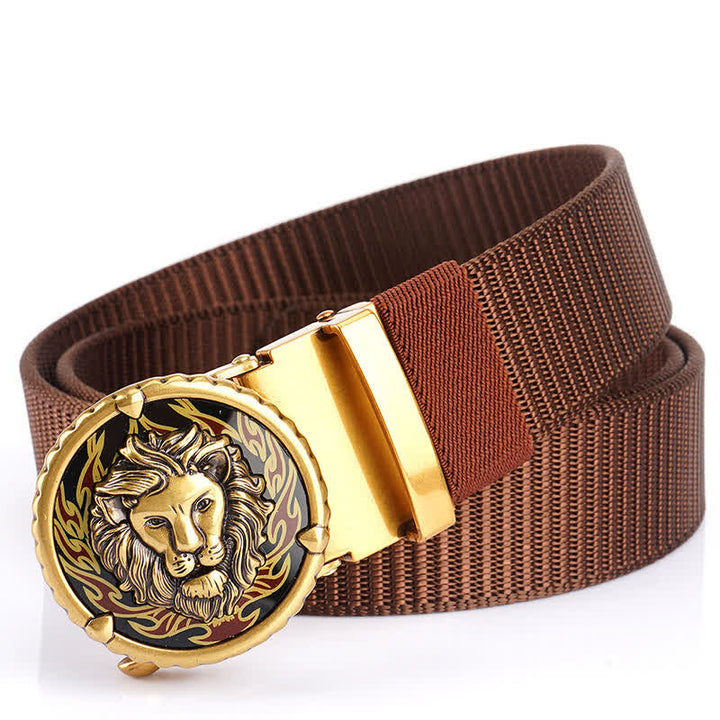 Cintura in nylon da uomo con motivo a testa di leone - Marrone / Oro - 48" - image 12