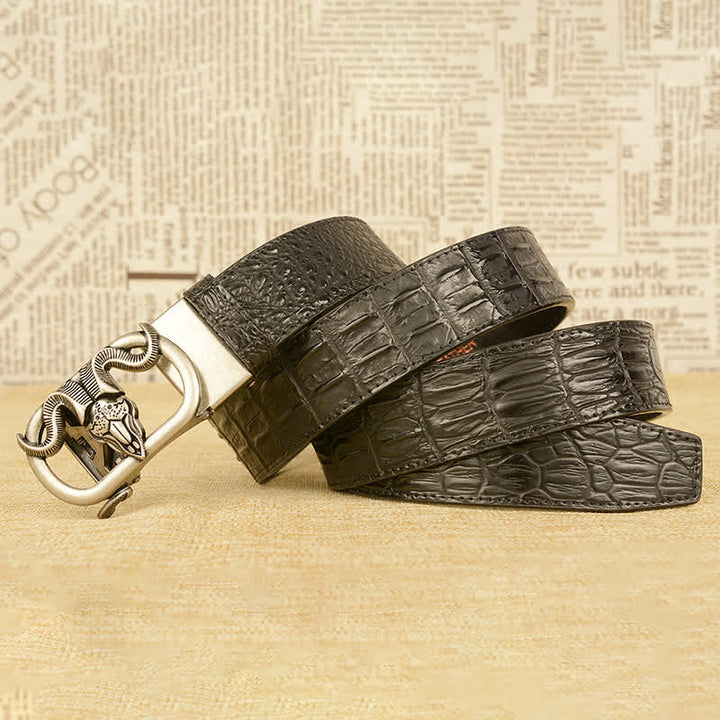 Cintura da uomo in pelle con chiusura automatica e stampa coccodrillo con testa di capra