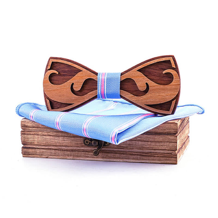 Set di 2 papillon in legno con barba intagliata da uomo - Azzurro cielo e rosa a righe - image 9