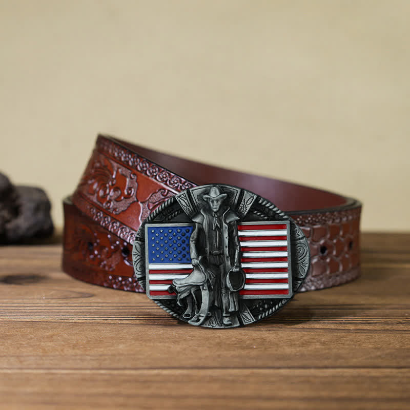 Cintura in pelle con fibbia da cowboy con bandiera americana fai da te da uomo
