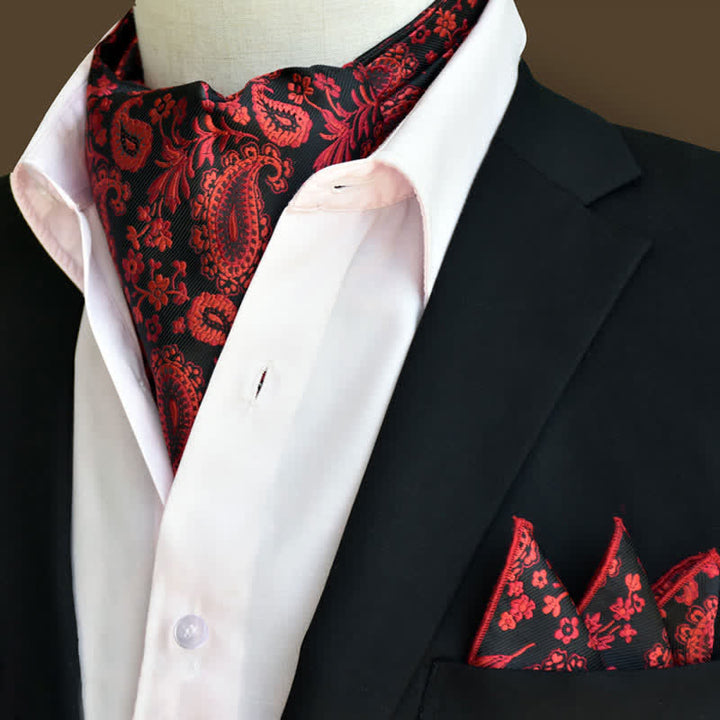 Set di 2 fazzoletti da taschino e cravatta Paisley floreali di lusso rossi e neri