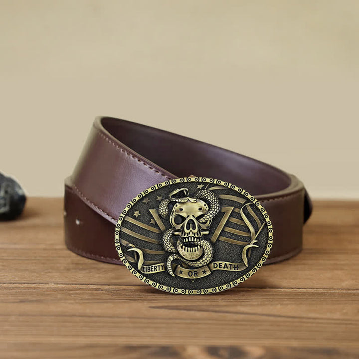 Cintura in pelle fai da te da uomo con fibbia a forma di teschio di serpente "Liberty or Death" - Bronzo antico - Cintura PU marrone (40) - image 13