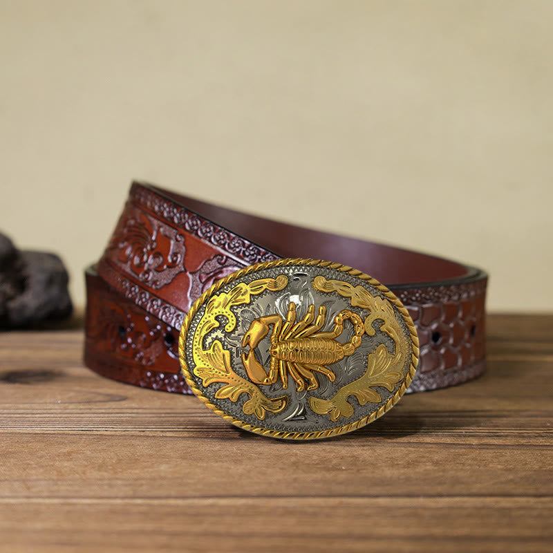 Cintura in pelle con fibbia a forma di scorpione dorato fai da te da uomo - Ovale - Cintura marrone intagliata (40) - image 19