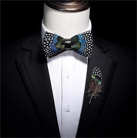 Papillon con piume a pois verdi e blu per bambini con spilla da bavero - image 3
