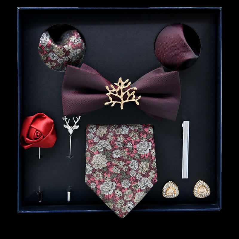 8 pezzi papillon casual con motivo floreale bordeaux e oro, scatola regalo - Borgogna e oro - image 0