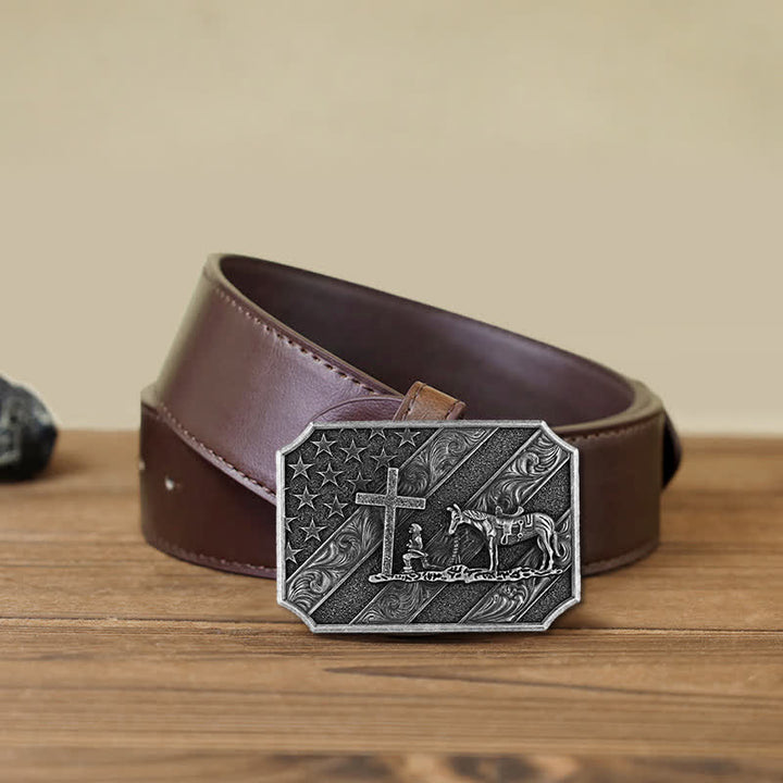 Cintura in pelle fai da te da uomo con fibbia a forma di cavallo con croce e bandiera americana