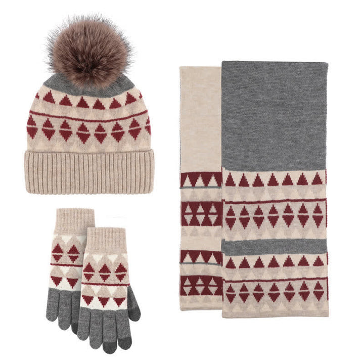Set di 3 cappelli, sciarpe e guanti con motivo a triangolo da donna
