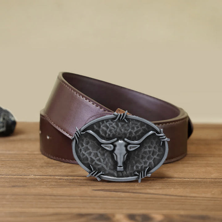 Cintura in pelle con fibbia martellata a forma di testa di toro da cowboy fai da te da uomo